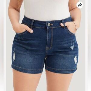 BloomChic Moderately Stretchy High Rise Dark Wash Distressed Denim Shorts 3XL
